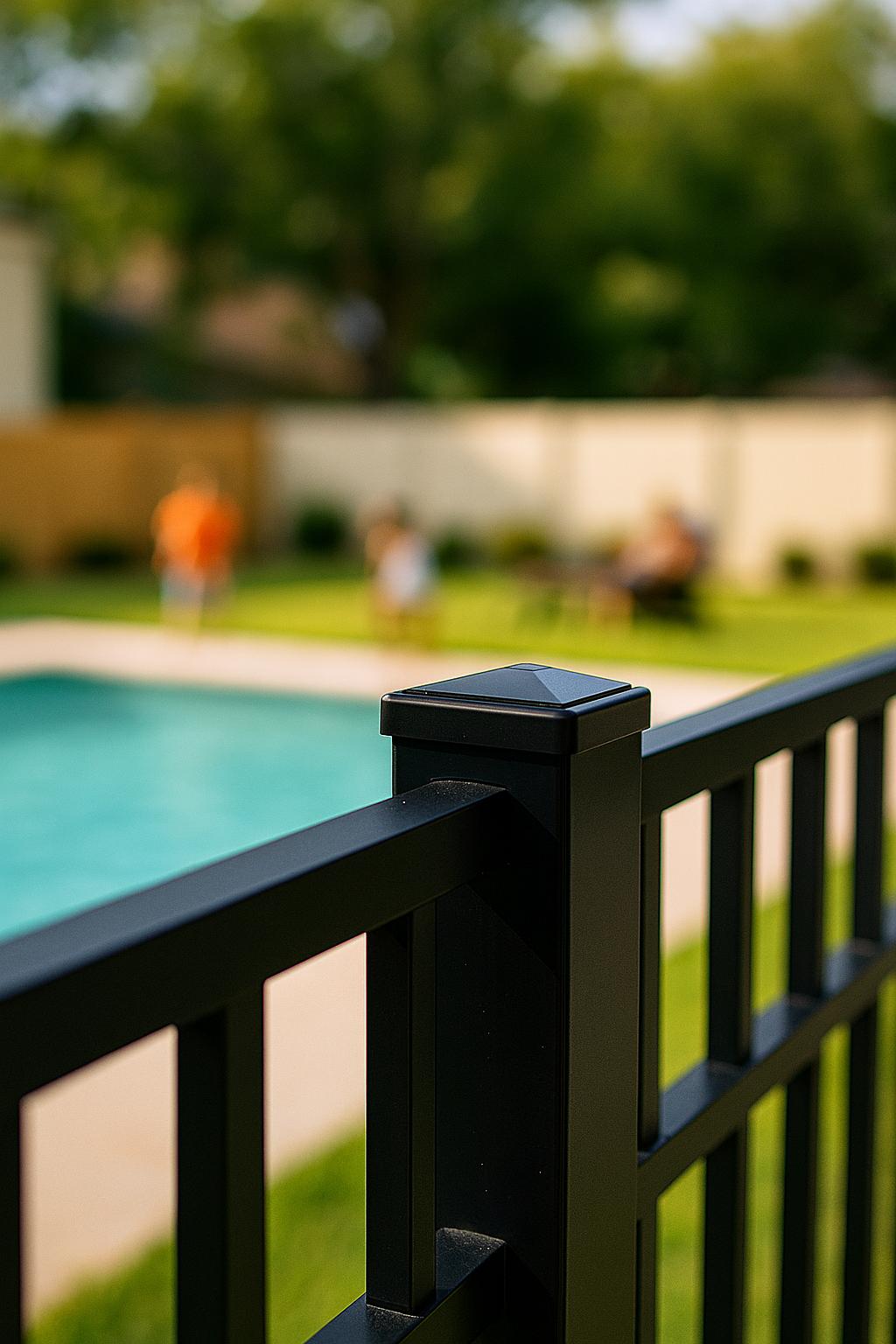 Black metal fence around a pool, blurry figures in the background.