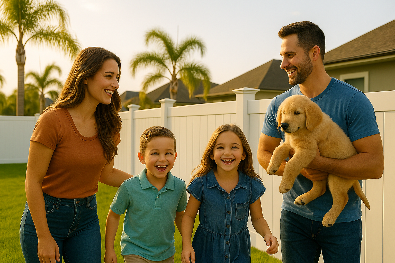 Family playing in a fenced backyard with green grass; sunny day.