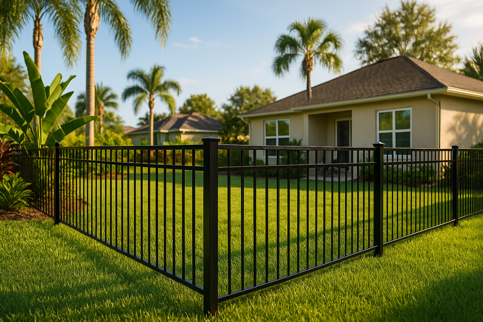 Black metal fence encloses a green lawn in front of a beige house with palm trees in the background.