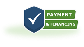 Secure payment and financing icon: Blue shield with checkmark, green