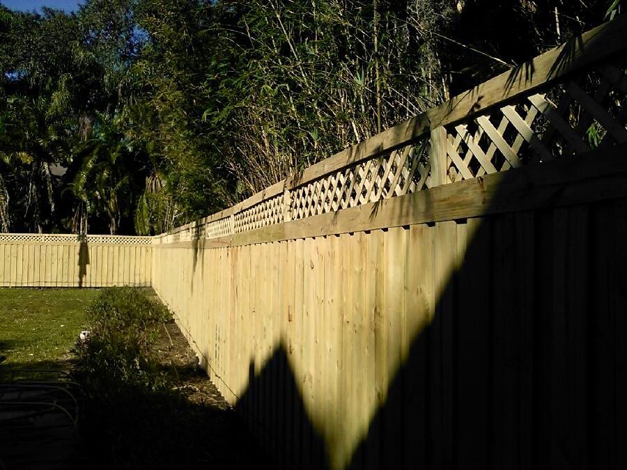Wooden fence with lattice top, green grass, and trees in the background.