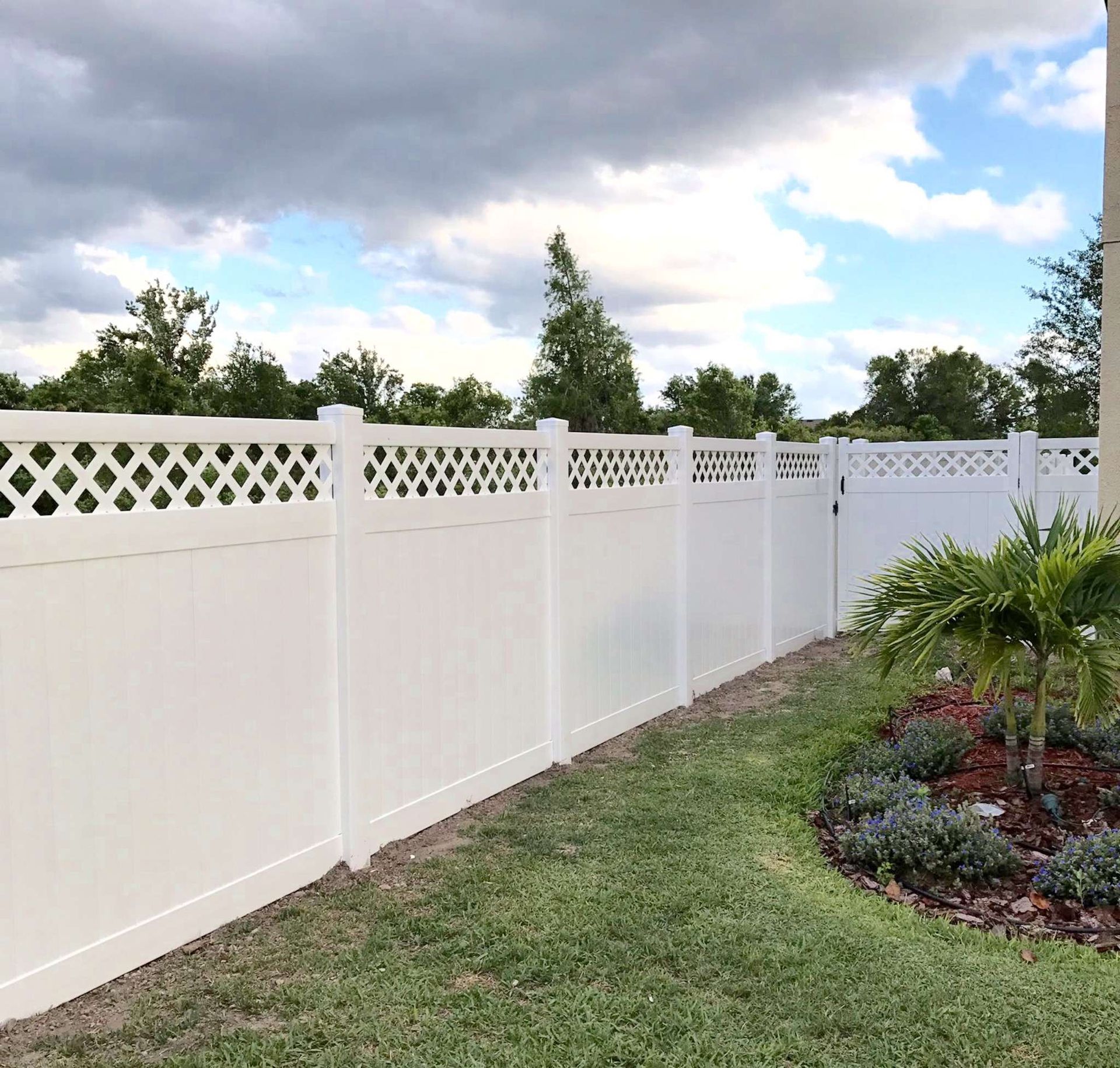 White vinyl fence with lattice top, surrounding a green lawn with a palm tree. Cloudy sky backdrop.