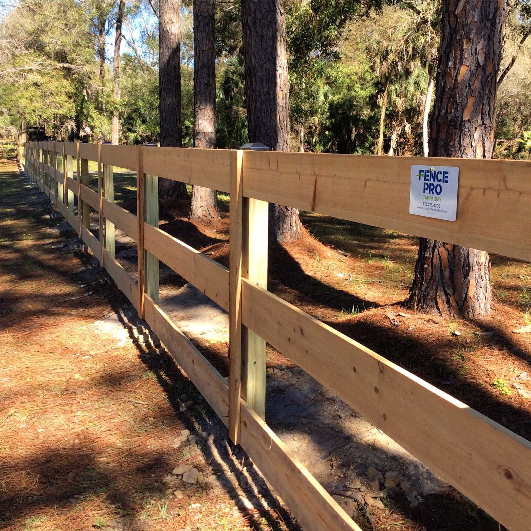 Wooden three-rail fence in a wooded area with trees and pine needles.