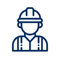 Icono de trabajador de la construcción con contorno azul, casco y chaleco de seguridad.