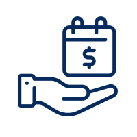 Contorno azul de una mano sosteniendo un calendario con un signo de dólar, sugiriendo fecha de pago o facturación.