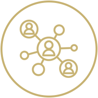 Icono de red dorado con avatares de usuario conectados dentro de un círculo.
