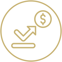Gráfico de crecimiento del oro con flecha hacia arriba e icono de moneda de dólar dentro de un círculo.