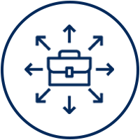 Icono de maletín azul con flechas que apuntan hacia afuera en todas direcciones dentro de un círculo.