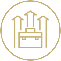 Icono de paquete dorado con tres flechas hacia arriba dentro de un círculo.