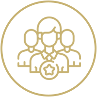 Contorno dorado de un grupo de tres personas con una insignia de estrella dentro de un icono circular