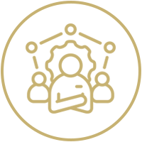 Icono dorado con contorno de un grupo de personas en círculo, que representa el trabajo en equipo o la comunidad.