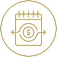 Icono de línea dorada de un calendario con un signo de dólar y flechas, que sugiere presupuesto o pagos recurrentes.