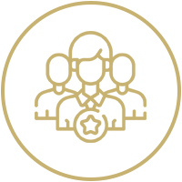 Contorno dorado de un grupo de personas con una insignia de estrella dentro de un círculo.