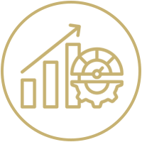 Icono de línea dorada de gráfico de barras ascendentes y engranaje dentro de un círculo