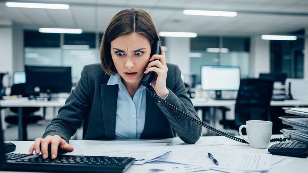 Mujer en una oficina, hablando por teléfono y tecleando en un teclado con expresión concentrada.