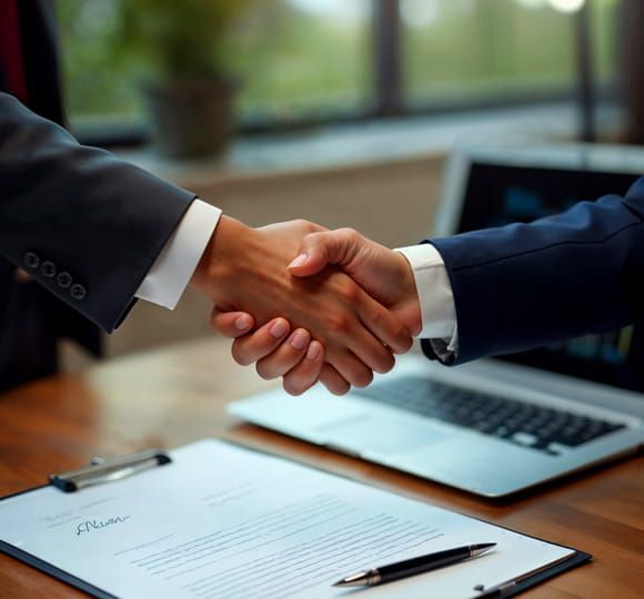 Dos personas se dan la mano sobre un escritorio, con un ordenador portátil y un documento firmado a la vista.