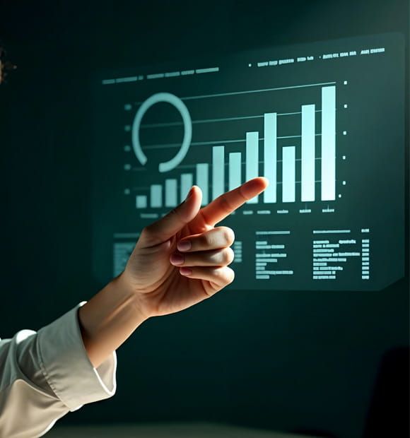 Una mano señala un panel de análisis brillante con gráficos de barras y paneles de datos.