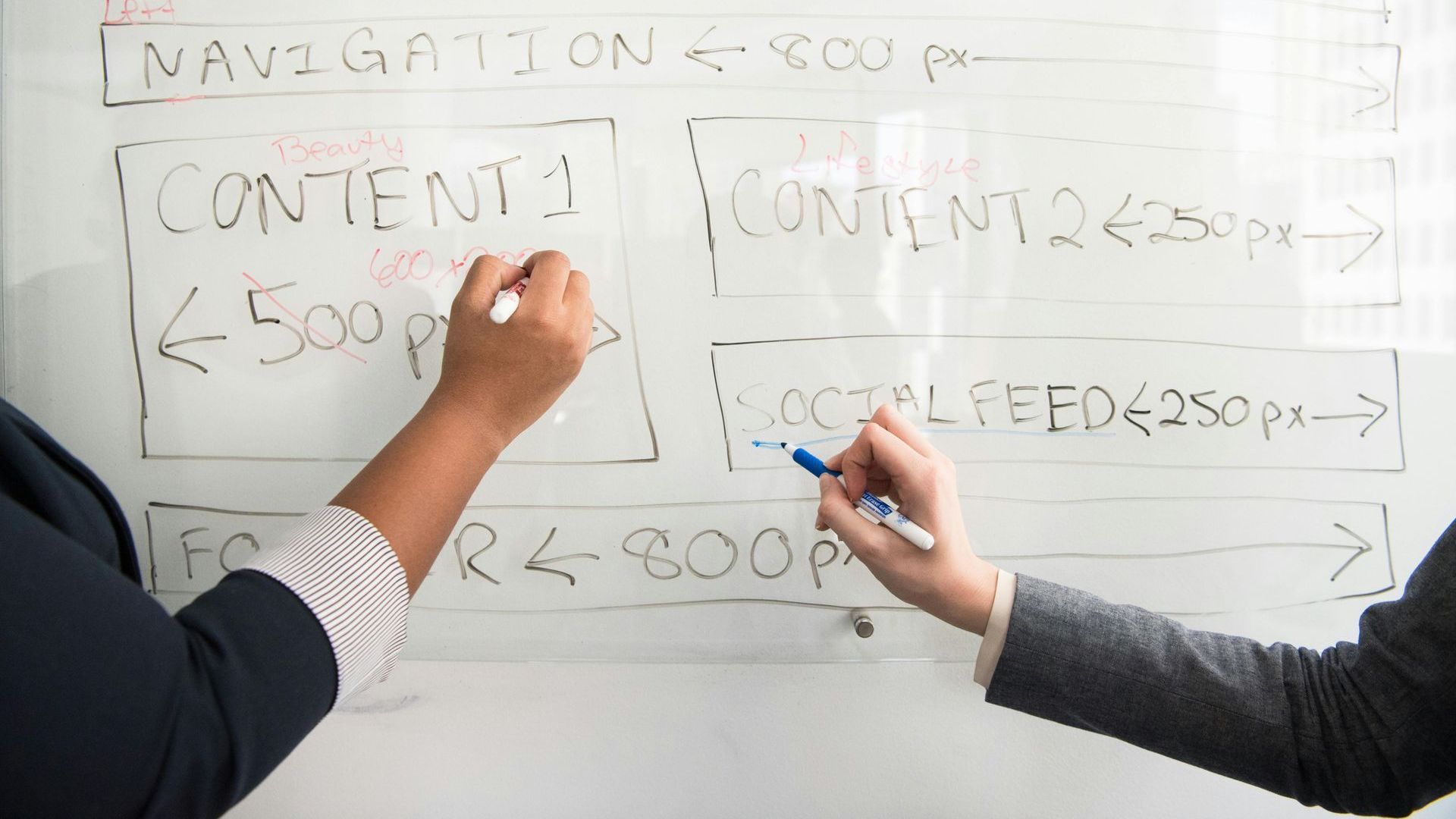 Two people are writing on a whiteboard that says navigation