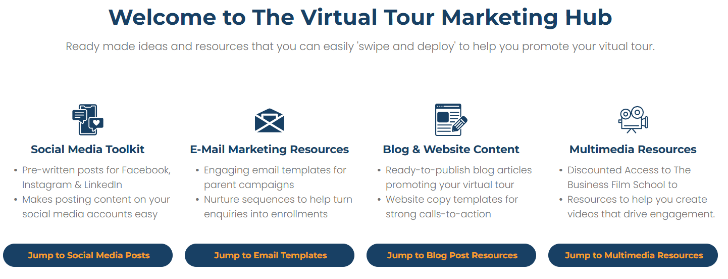 A screenshot of the virtual tour marketing hub website.