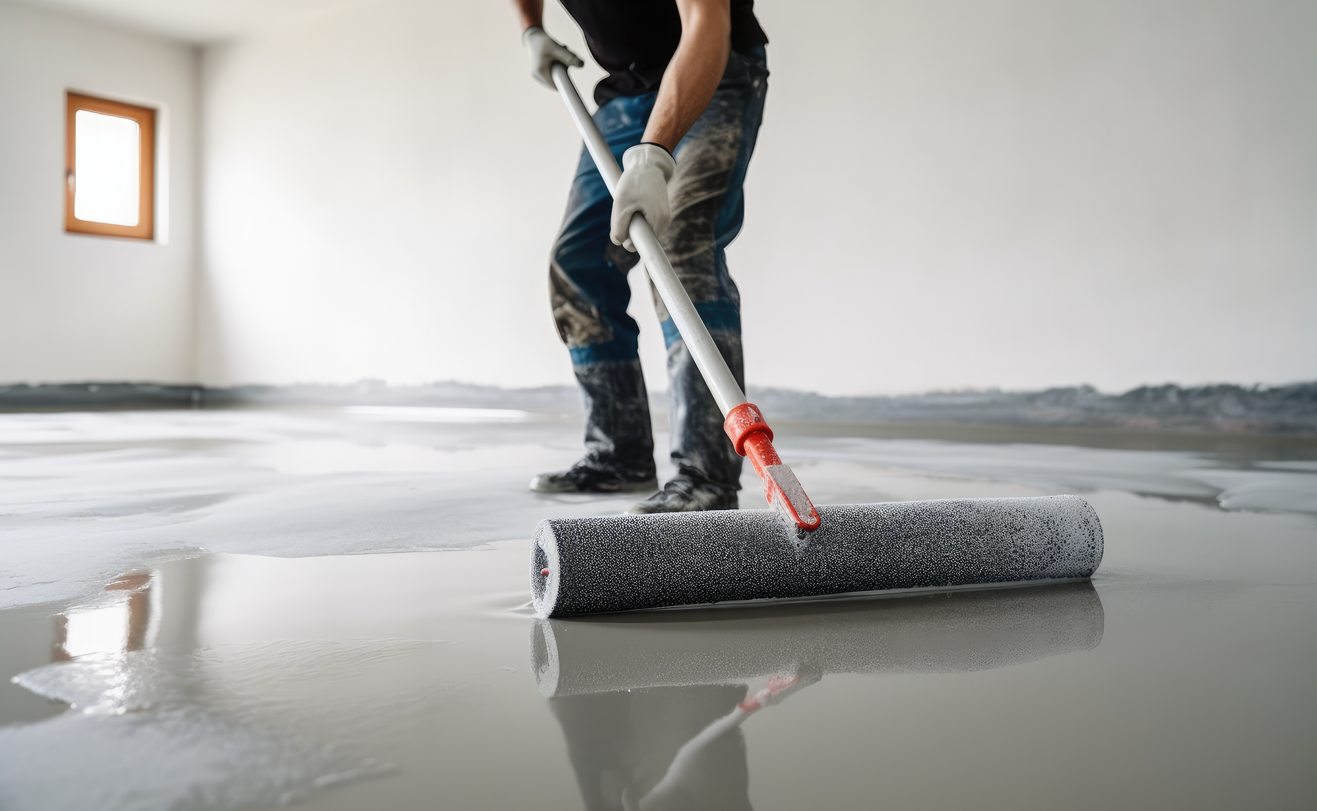 A man is painting a floor with a roller.