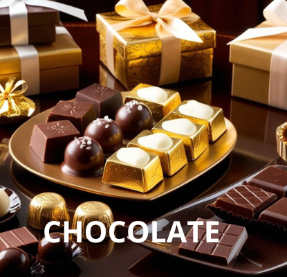 Um prato de chocolates com a palavra chocolate no fundo