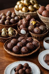Há muitos tipos diferentes de ovos de chocolate na mesa.