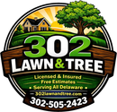 302 Lawn & Tree logo with house, tree, green grass, and phone number 302-505-2423