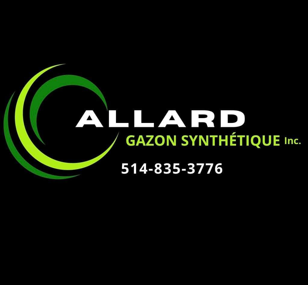 Logo d'Allard Gazon Synthétique Inc. : croissants verts et jaunes, texte blanc sur fond noir. Numéro de téléphone : 514-835-3776.