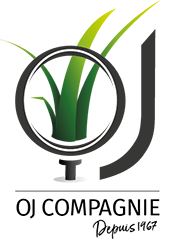 Logo pour OJ Compagnie : une loupe encadrant des brins d'herbe verte, avec un 