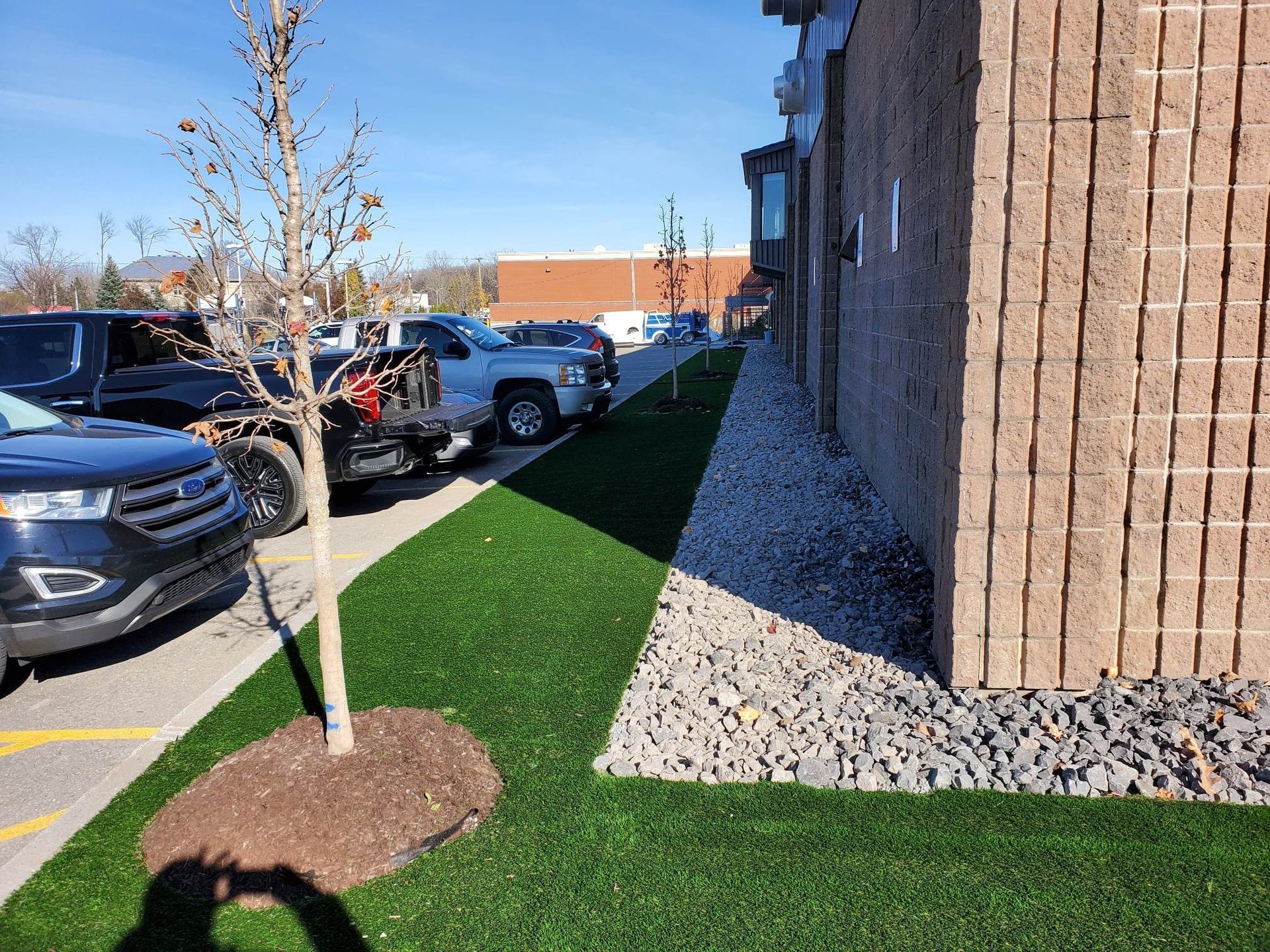 Une rangée de voitures garées borde une bande de gazon vert à côté d'un bâtiment en briques et d'un ciel ensoleillé.