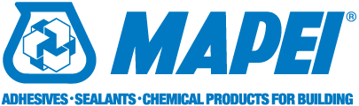 Logo Mapei, texte et graphisme bleus. Comprend les mots « ADHÉSIFS • MASTICS • PRODUITS CHIMIQUES POUR LE BÂTIMENT ».