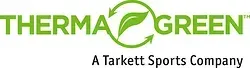 Logo pour ThermaGreen, une société Tarkett Sports, avec un texte vert et un symbole de recyclage avec une feuille.