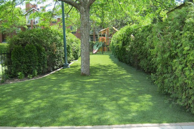 Pelouse verte bordée de haies avec un arbre au centre, une aire de jeux visible en arrière-plan.