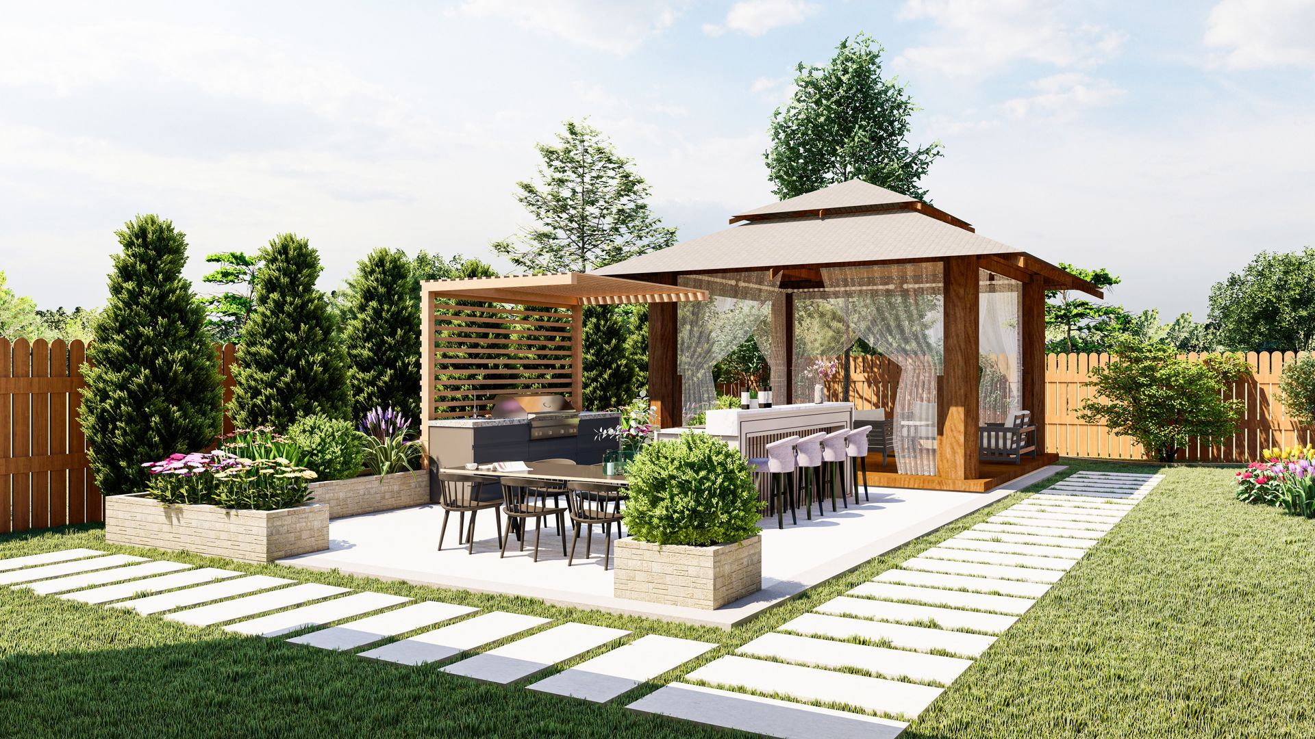 A backyard patio featuring a wood-framed gazebo with a bar and dining area, surrounded by garden beds and stepping stones.