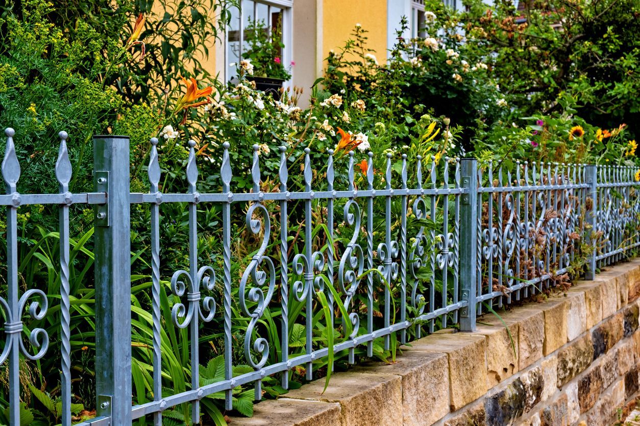 Blue metal fence with flowers growing
