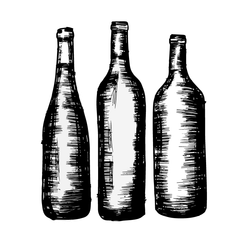 Hand drawn charcoal drawing of three wine bottles in Southern Oregon