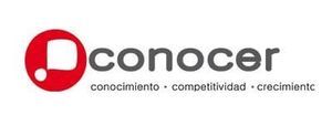 Un logo rojo y negro para conocer sobre un fondo blanco.