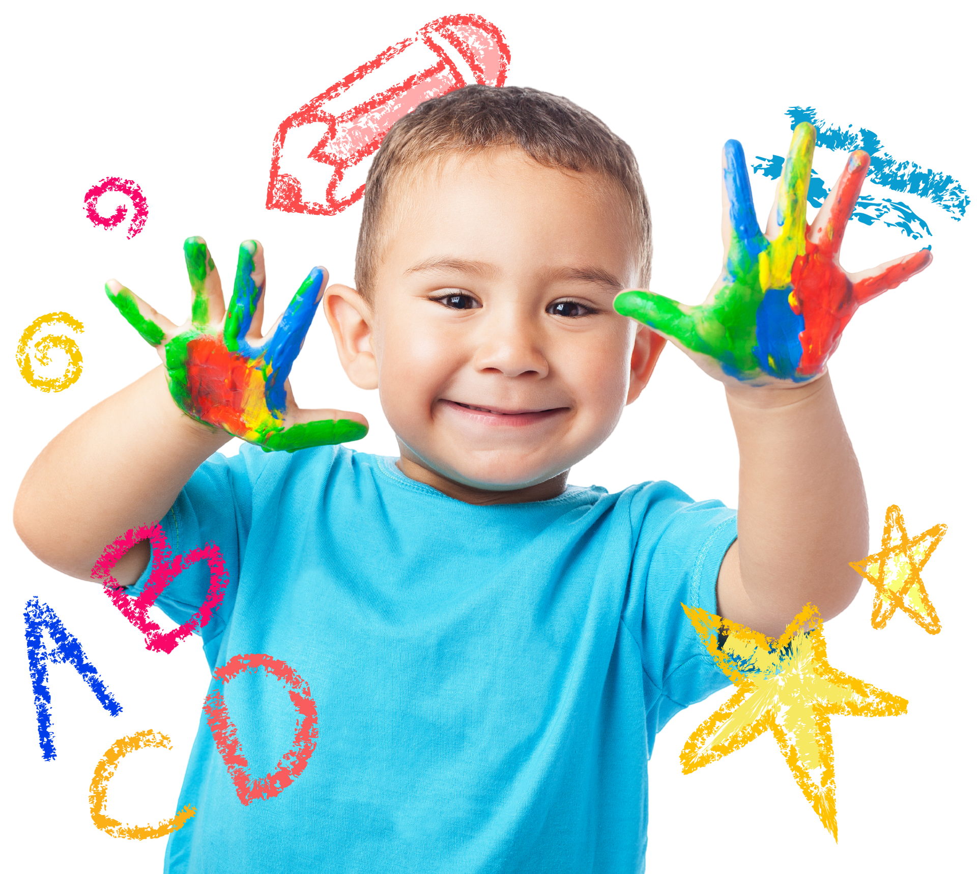 Happy child with hands covered in colorful paint, smiling and surrounded by crayon drawings.