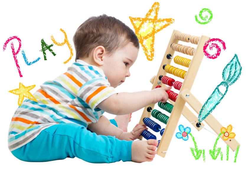A young child playing with an abacus, surrounded by colorful drawings.