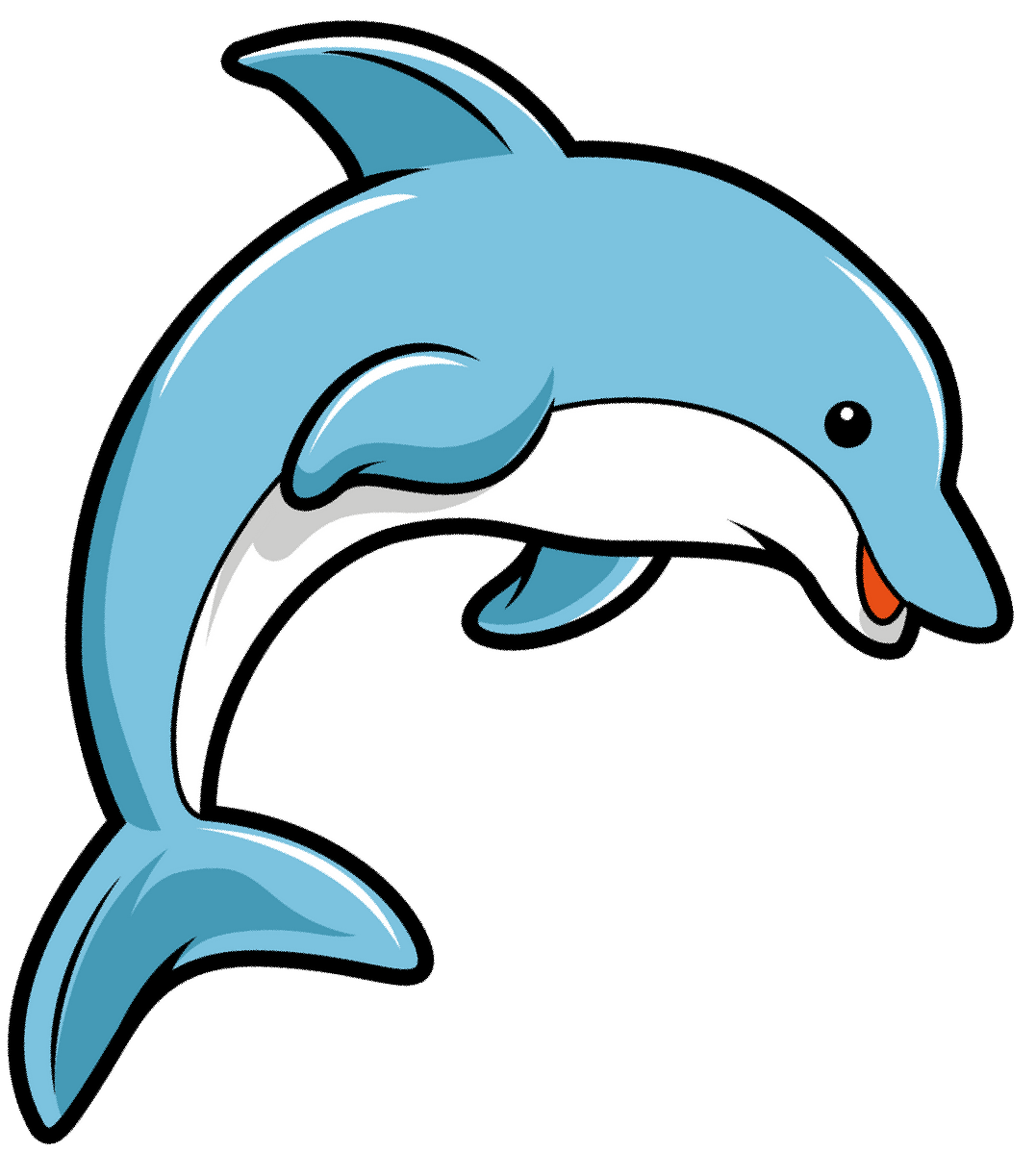 Cartoon dolphin jumping, blue and white, smiling.