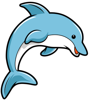 Cartoon dolphin jumping, blue and white, smiling.