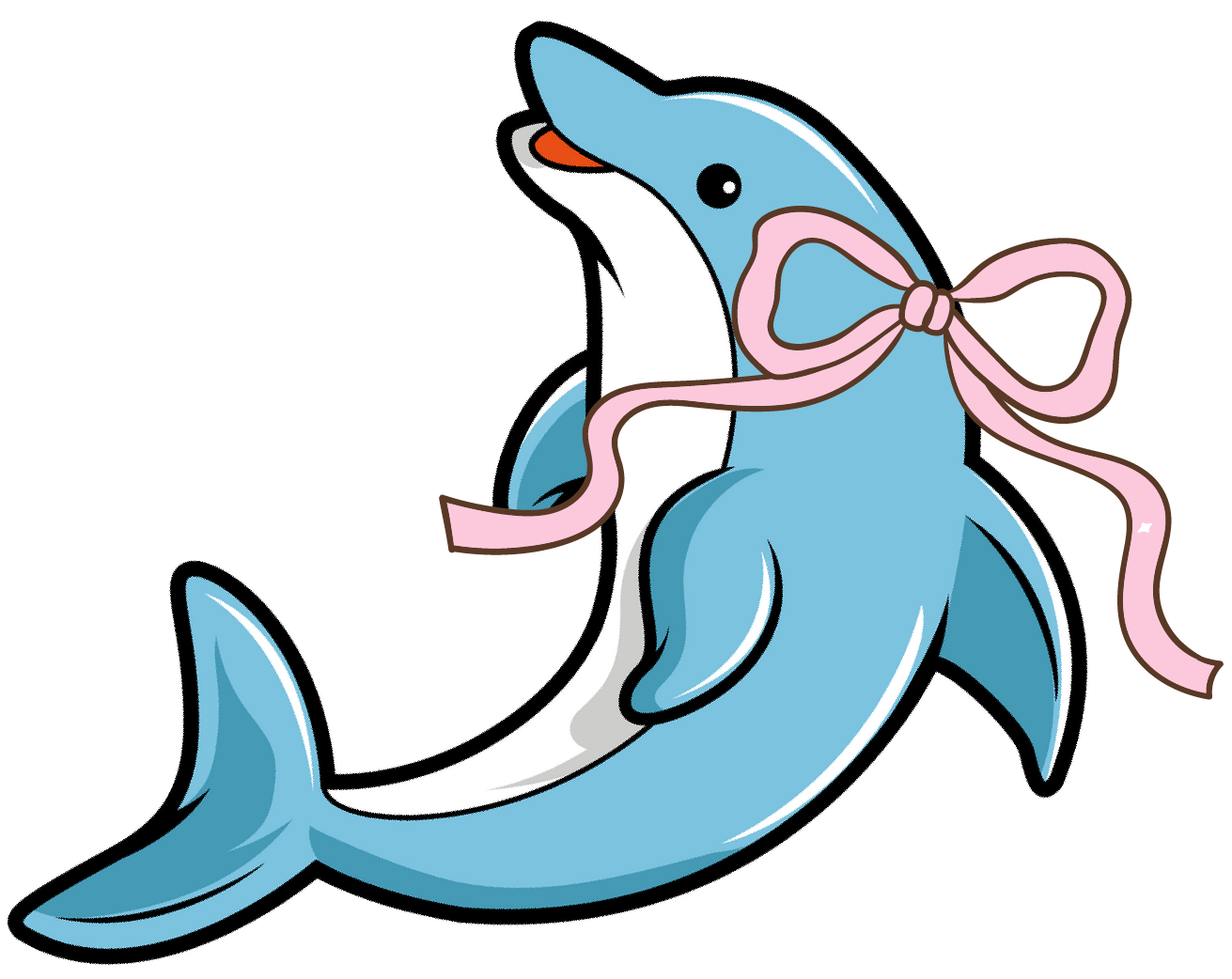 Blue cartoon dolphin with a pink ribbon.