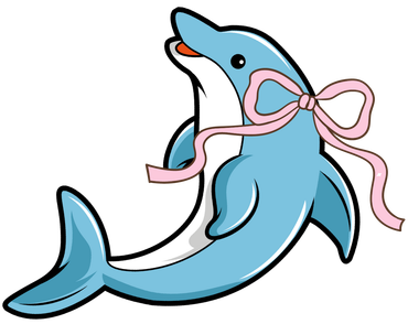 Blue cartoon dolphin with a pink ribbon.
