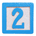Blue wooden block with number 2 inside a blue square frame.