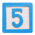 Blue wooden block with the number 5.