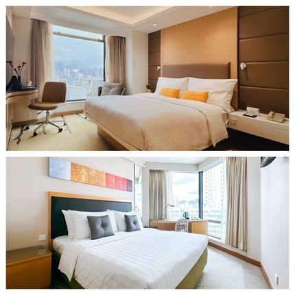 Two modern hotel bedrooms with white beds, wood accents, and large windows overlooking a city.