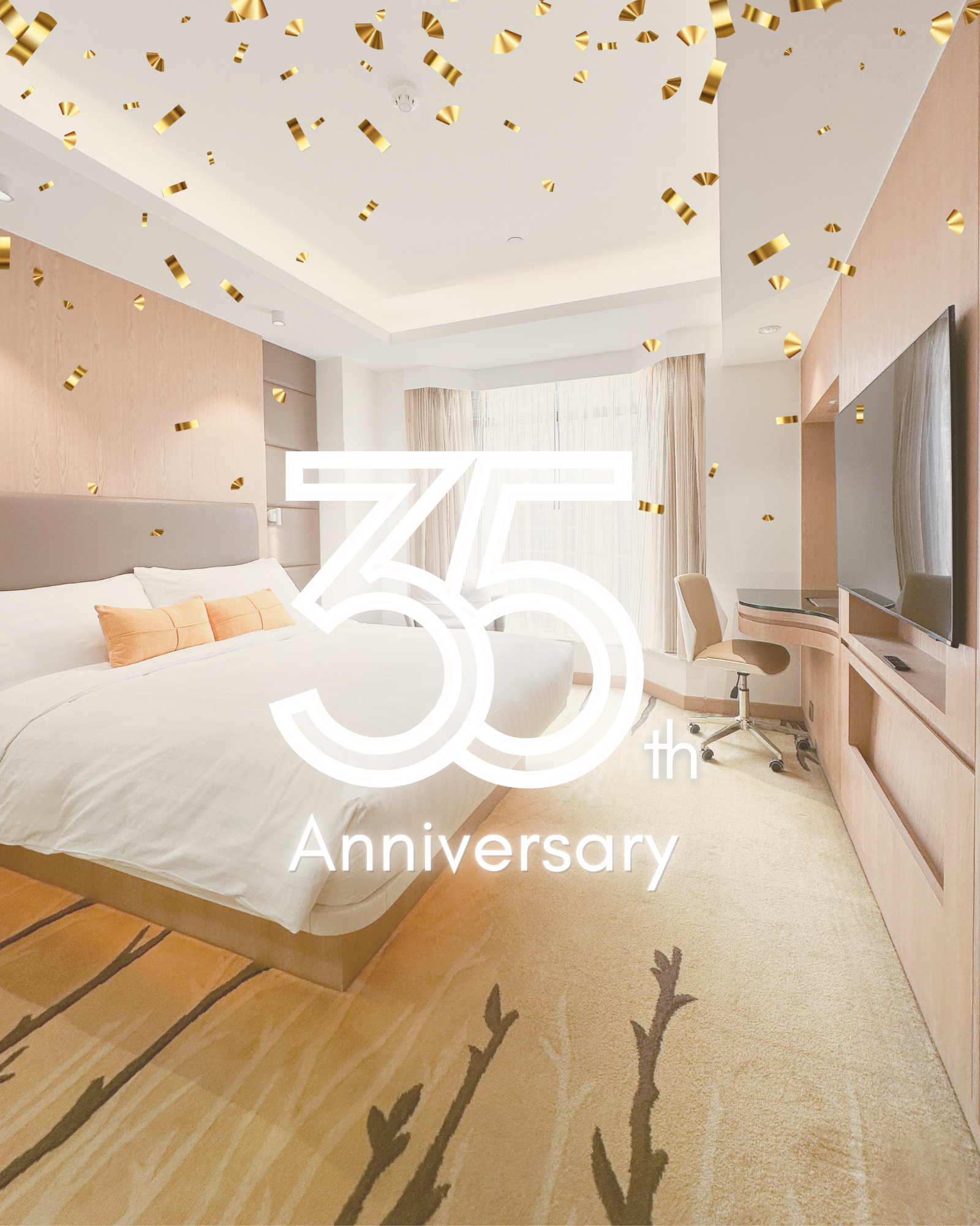 Bright bedroom with “35 Anniversary” text overlay and gold confetti