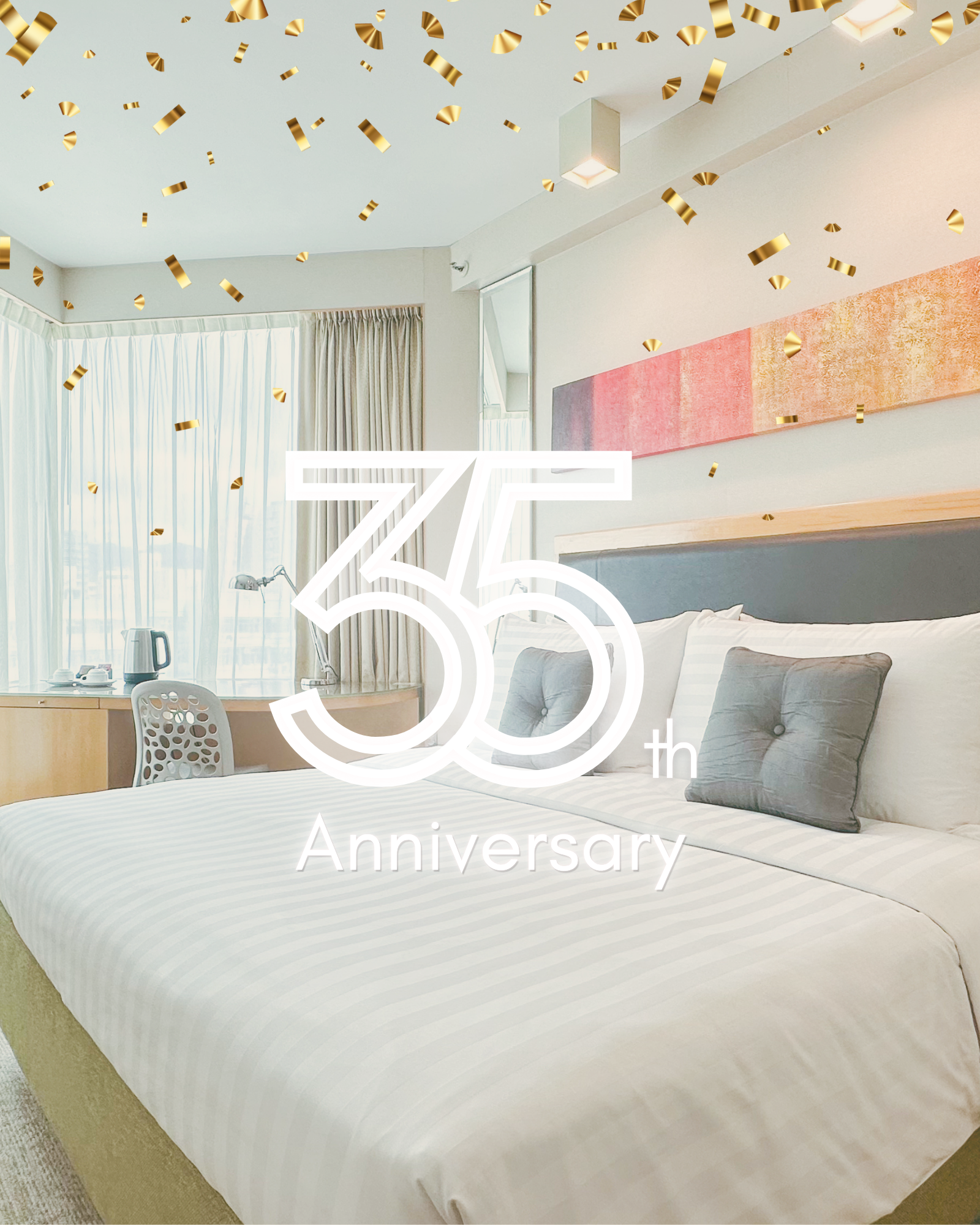 Bright hotel bedroom with “35 Anniversary” text overlay and gold confetti