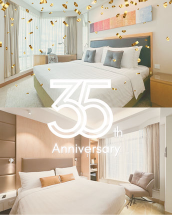 Two elegant bedrooms with white and beige decor, overlaid with “35 Anniversary” text