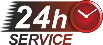 A 24h service logo with a clock on it